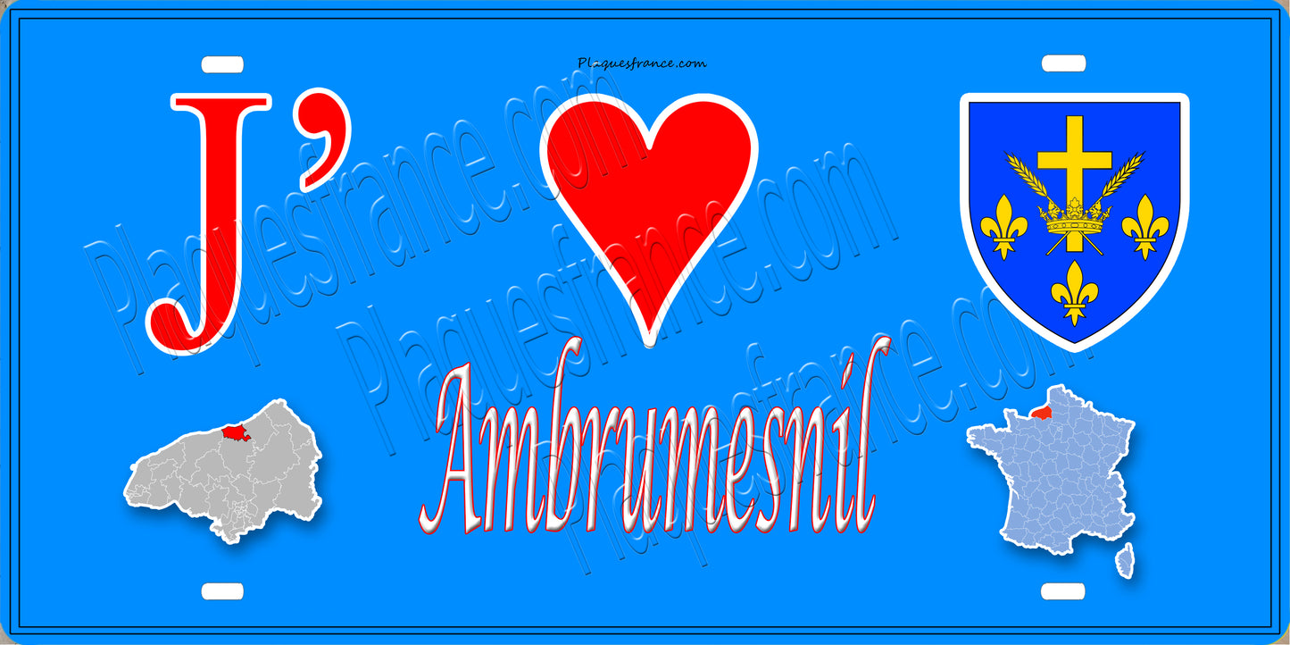 Plaque métal décorative J' ❤️ Ambrumesnil, Seine Maritime (76) bleu carte