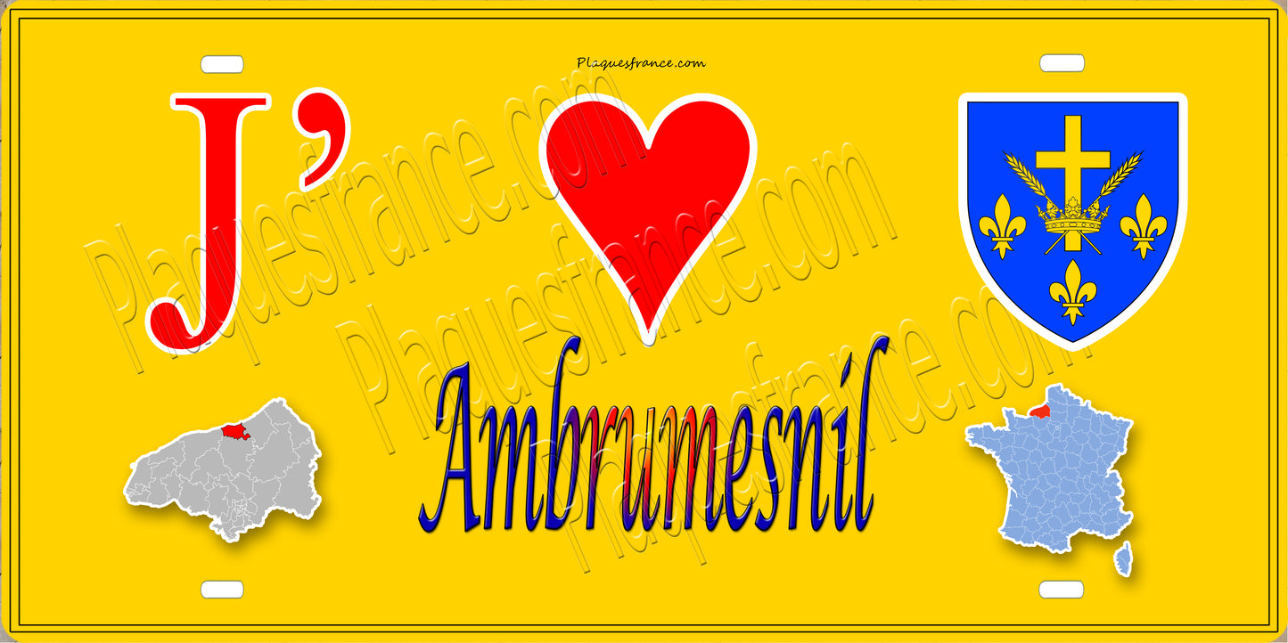 Plaque métal décorative J' ❤️ Ambrumesnil, Seine Maritime (76) jaune cartes