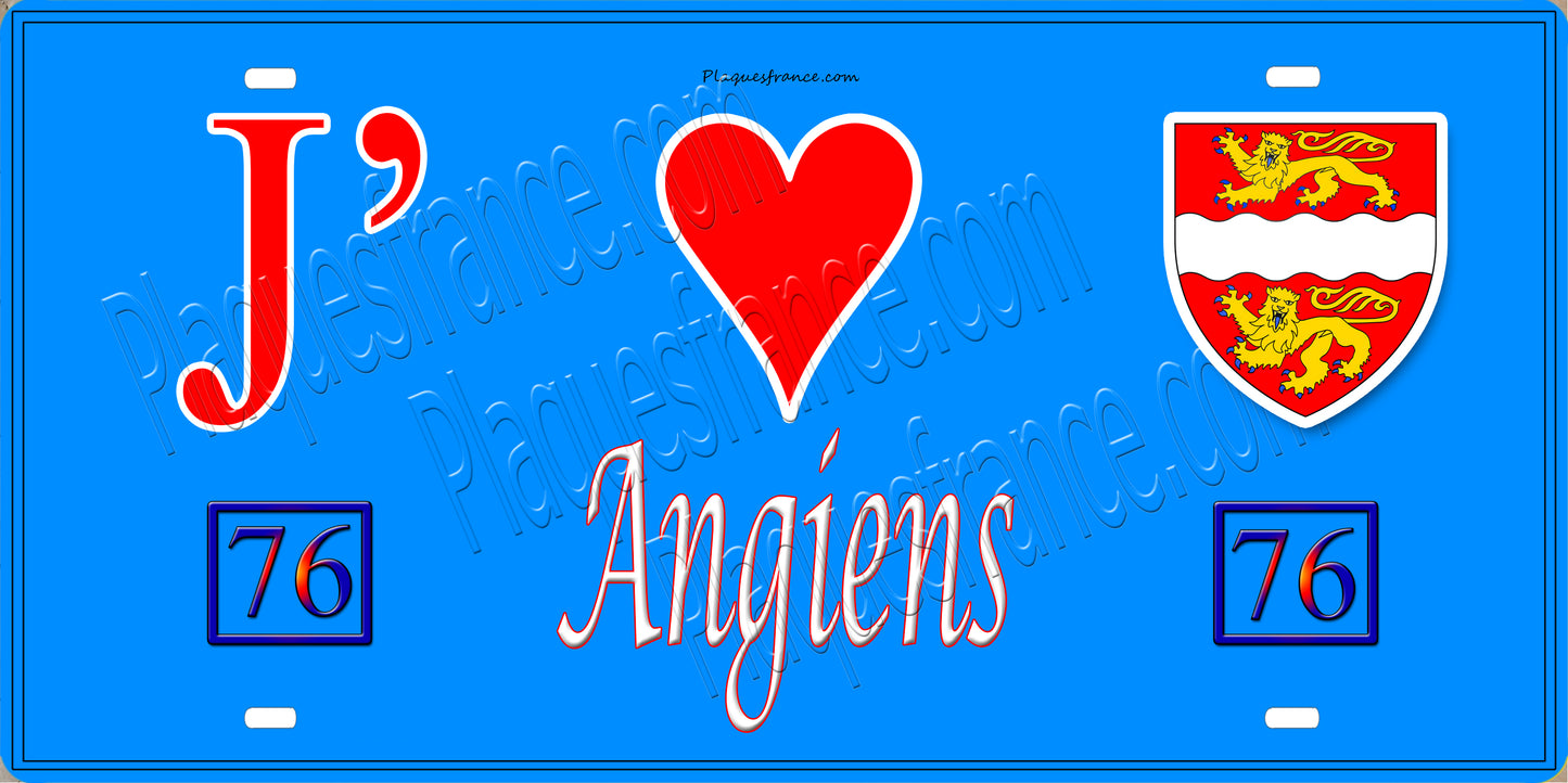 Plaque métal décorative 15X30 J' ❤️ Angiens, Seine Maritime (76) bleu