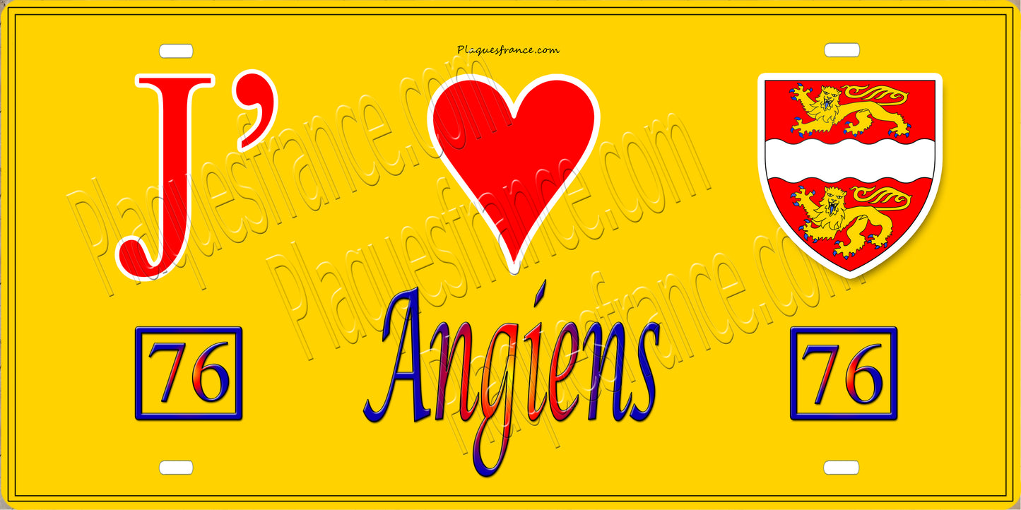 Plaque métal décorative 15X30 J' ❤️ Angiens, Seine Maritime (76) jaune