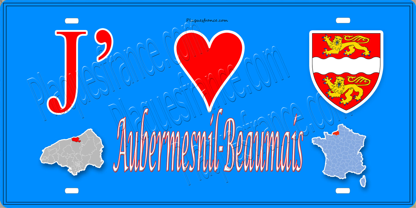 Plaque métal décorative 15x30 J' ❤️ Aubermesnil-Beaumais, Seine Maritime (76) bleu cartes