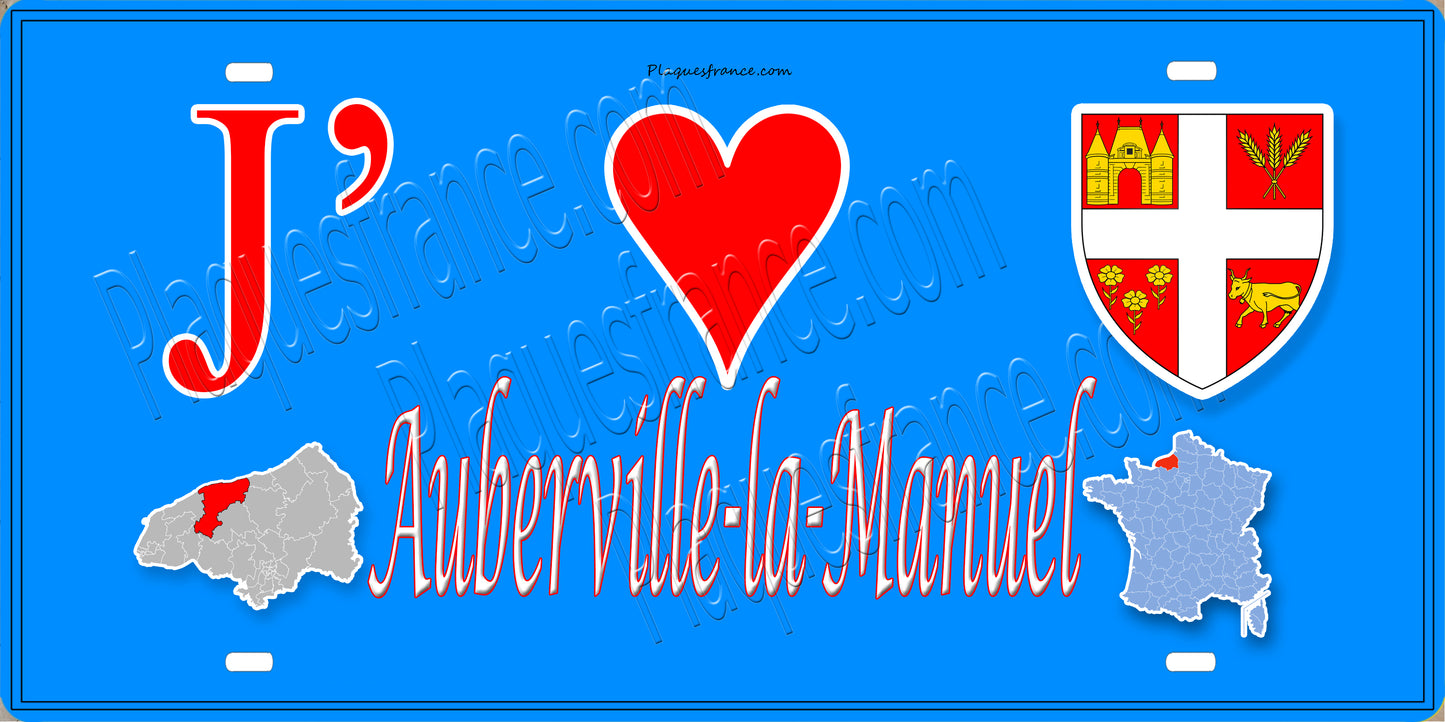 Plaque métal décorative 15X30 J' ❤️ Auberville-la-Manuel, Seine Maritime (76) bleu carte