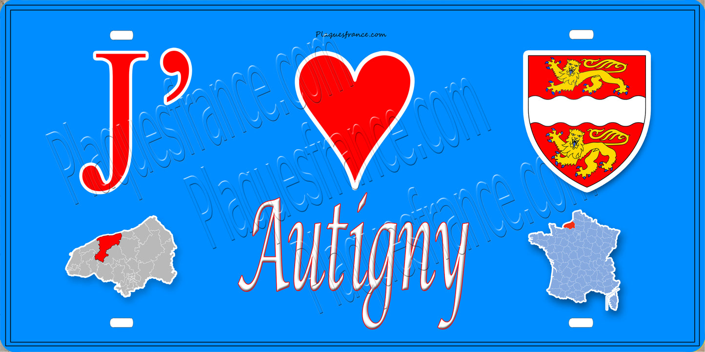 Plaque métal décorative 15X30 J' ❤️ Autigny, Seine Maritime (76) bleu carte