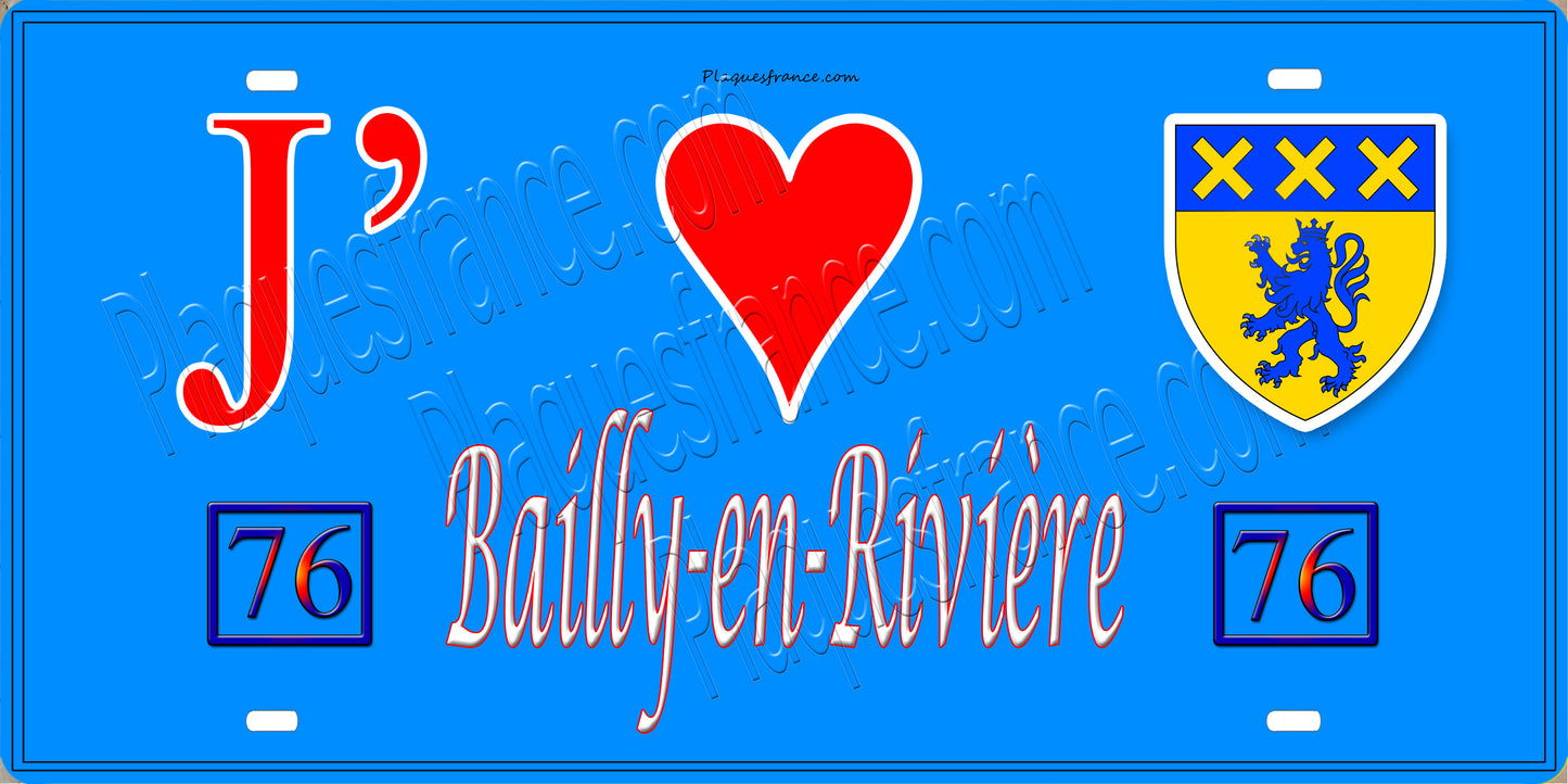Plaque métal décorative 15 x 30 J' ❤️ Bailly-en-Rivière, Seine Maritime (76) bleu