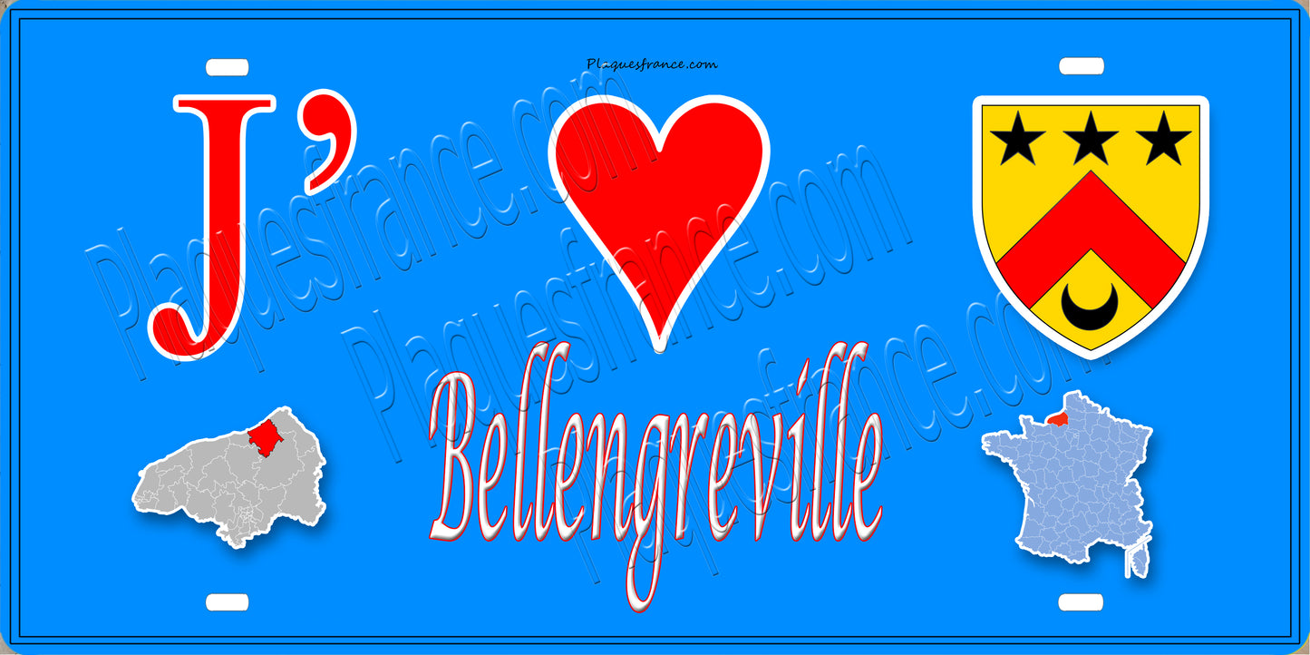 Plaque métal décorative 15x30 J' ❤️ Bellengreville, Seine Maritime (76) bleu carte