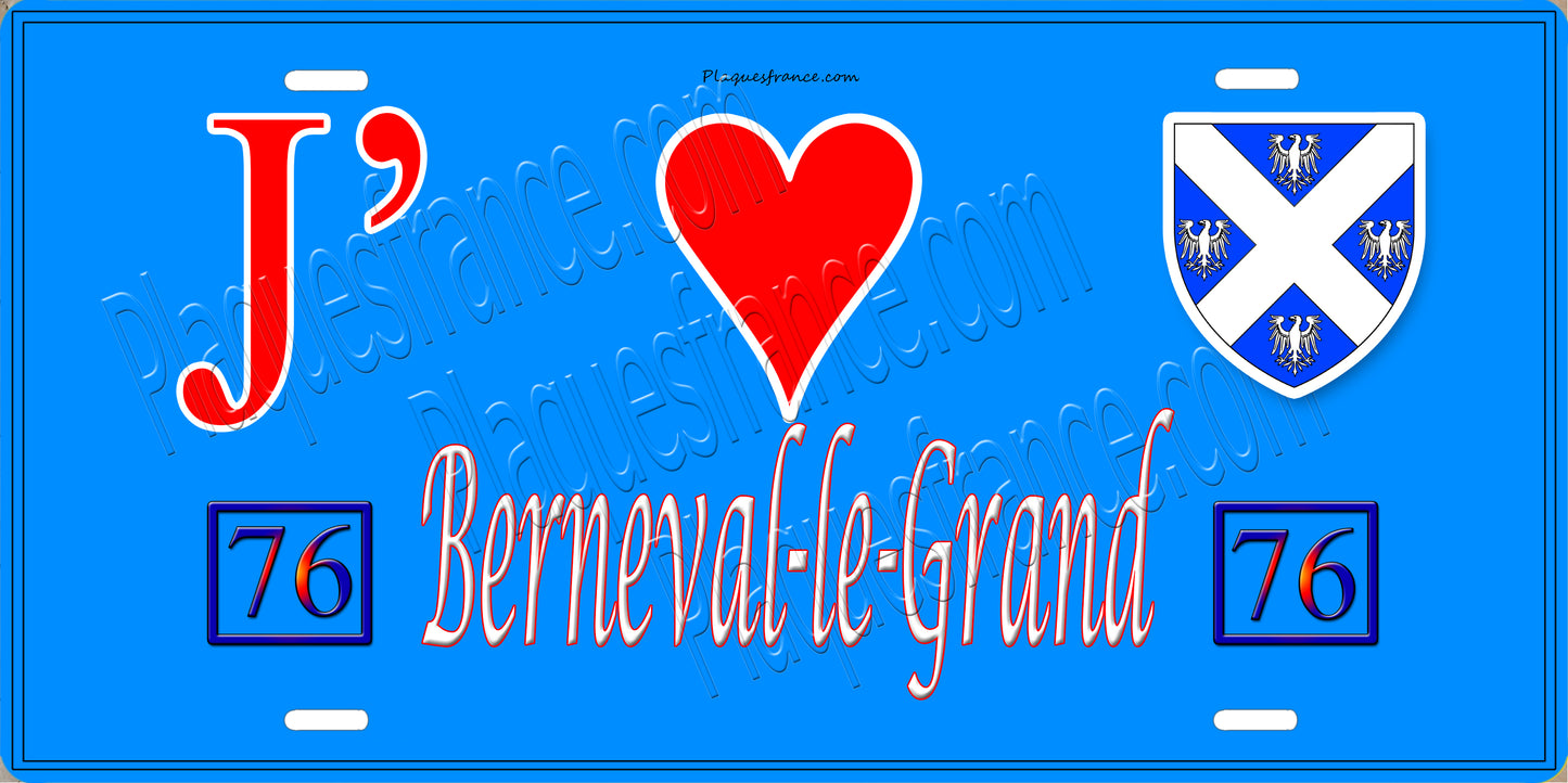 Plaque métal décorative J' ❤️ Berneval-le-Grand, Seine Maritime (76) bleu