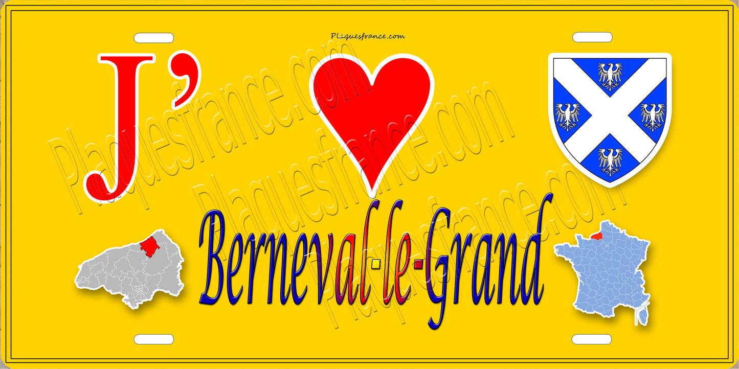 Plaque métal décorative J' ❤️ Berneval-le-Grand, Seine Maritime (76) jaune crte
