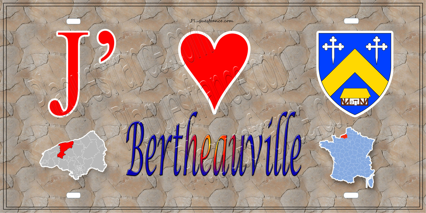 Plaque métal décorative 15X30 J' ❤️ Bertheauville, Seine Maritime (76) antique carte