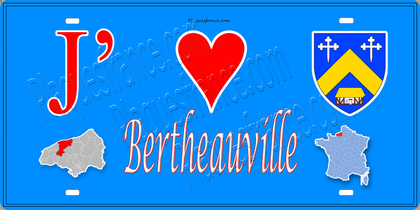 Plaque métal décorative 15X30 J' ❤️ Bertheauville, Seine Maritime (76) bleu carte