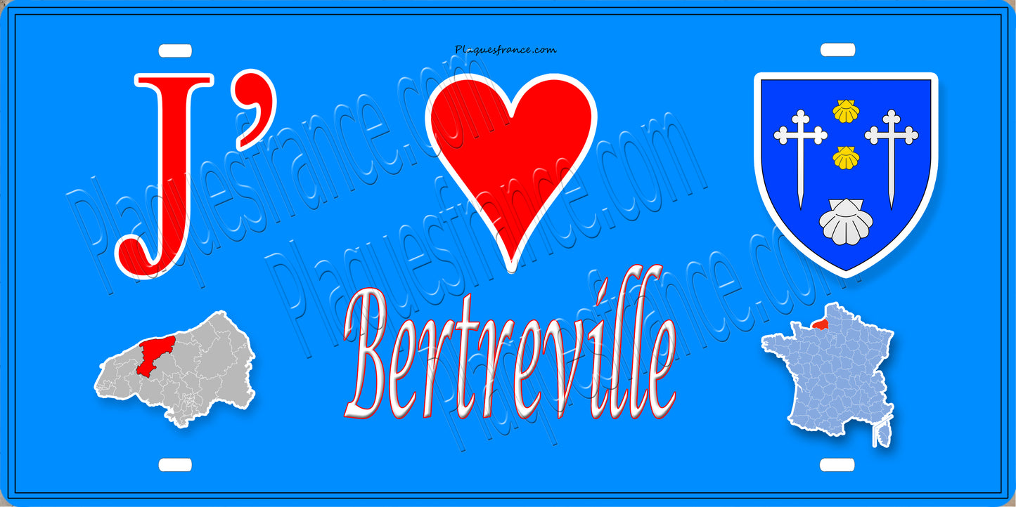 Plaque métal décorative 15X30 J' ❤️ Bertreville, Seine Maritime (76) bleu carte