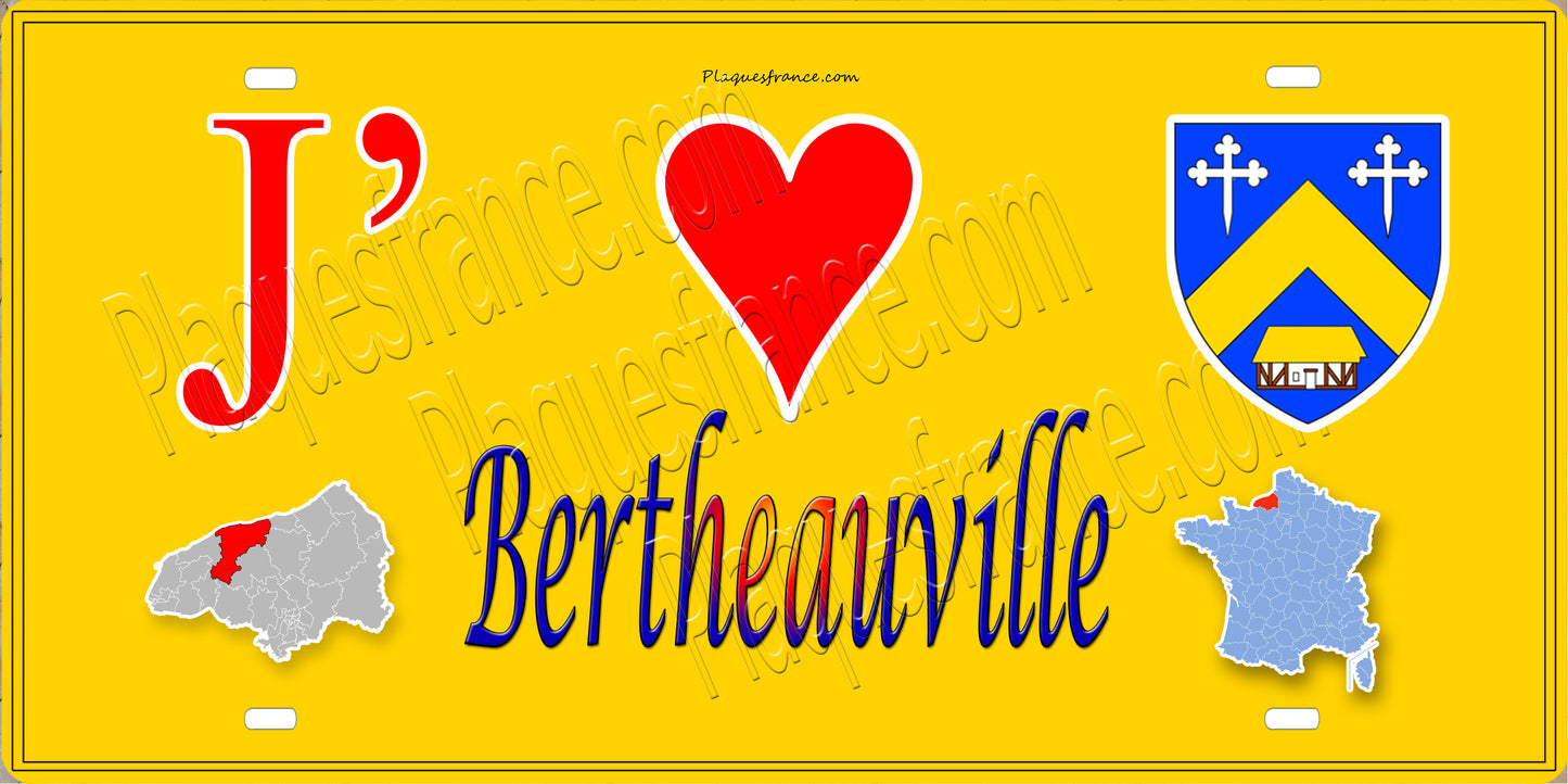 Plaque métal décorative 15X30 J' ❤️ Bertheauville, Seine Maritime (76) jaune carte