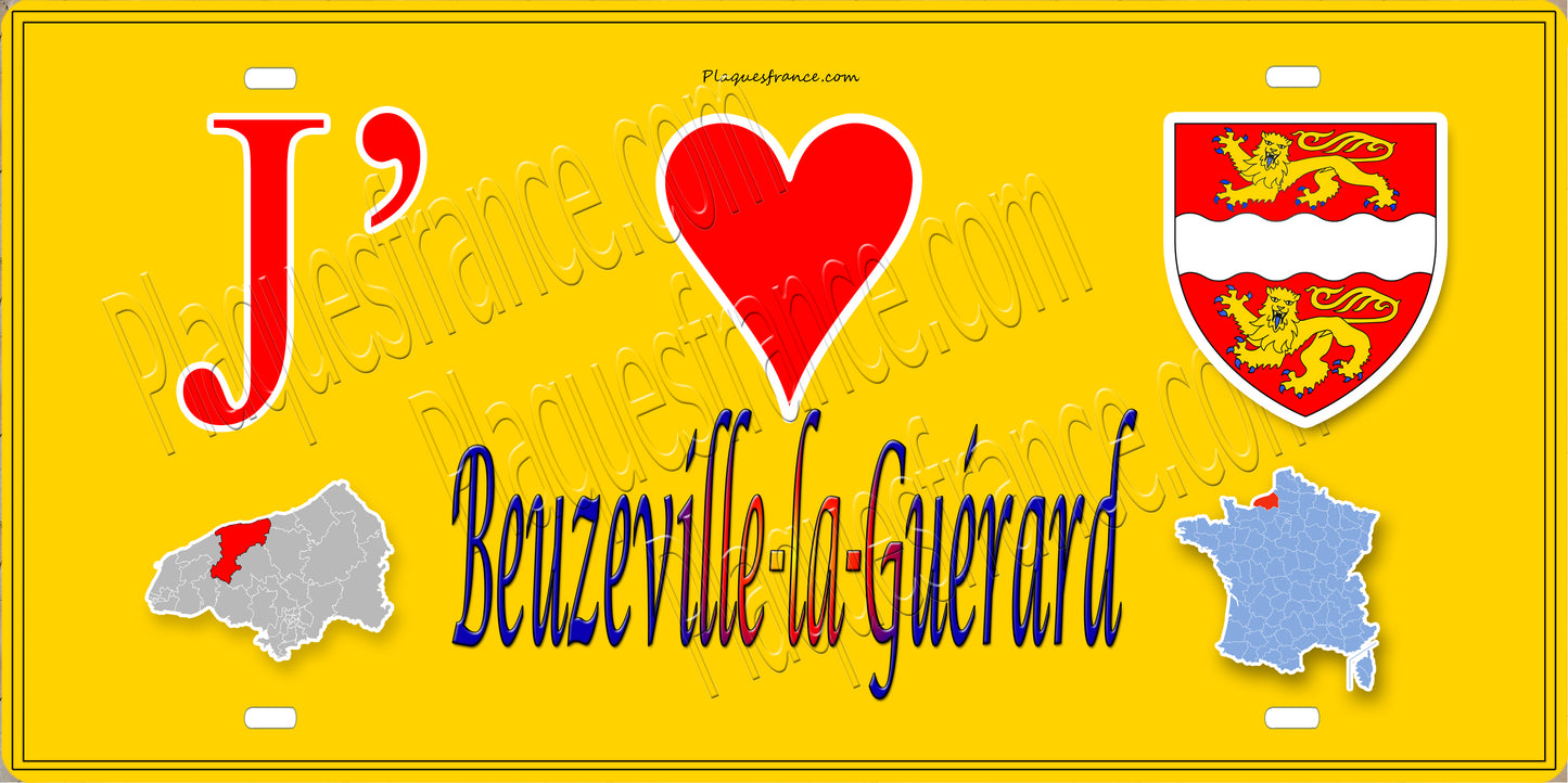 Plaque métal décorative 15X30 J' ❤️ Beuzeville-la-Guérard, Seine Maritime (76) jaune carte