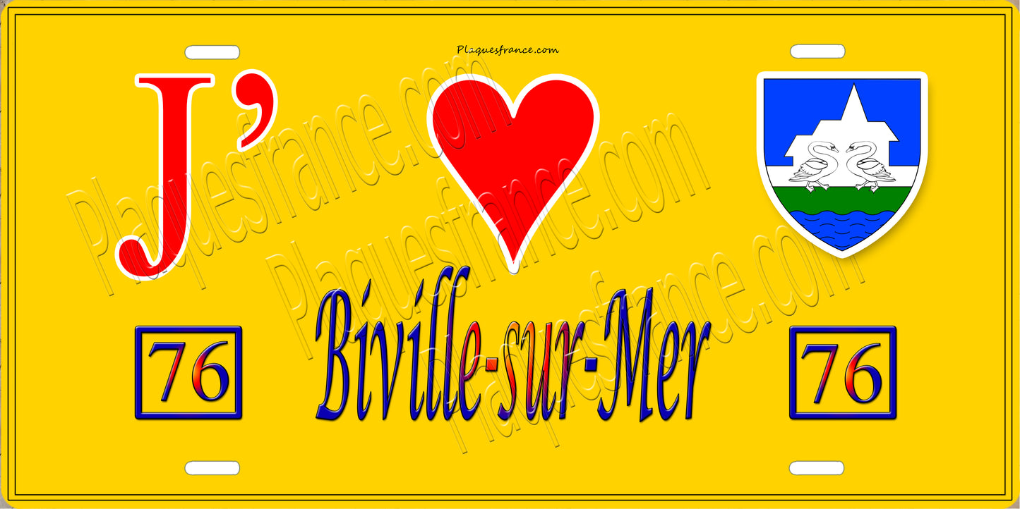 Plaque métal décorative J' ❤️ Biville-sur-Mer, Seine Maritime (76) jaune