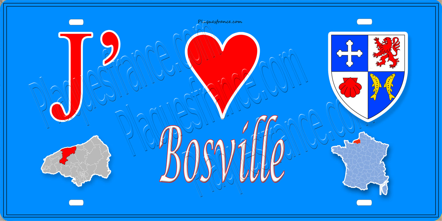 Plaque métal décorative 15X30 J' ❤️ Bosville, Seine Maritime (76) bleu carte