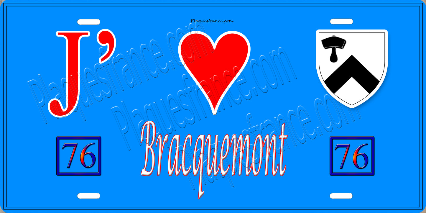 Plaque métal décorative J' ❤️ Bracquemont, Seine Maritime (76) bleu