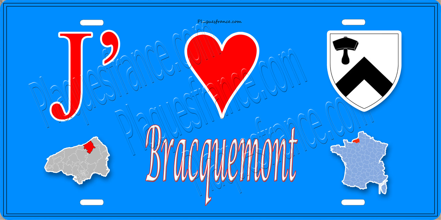 Plaque métal décorative J' ❤️ Bracquemont, Seine Maritime (76) bleu carte