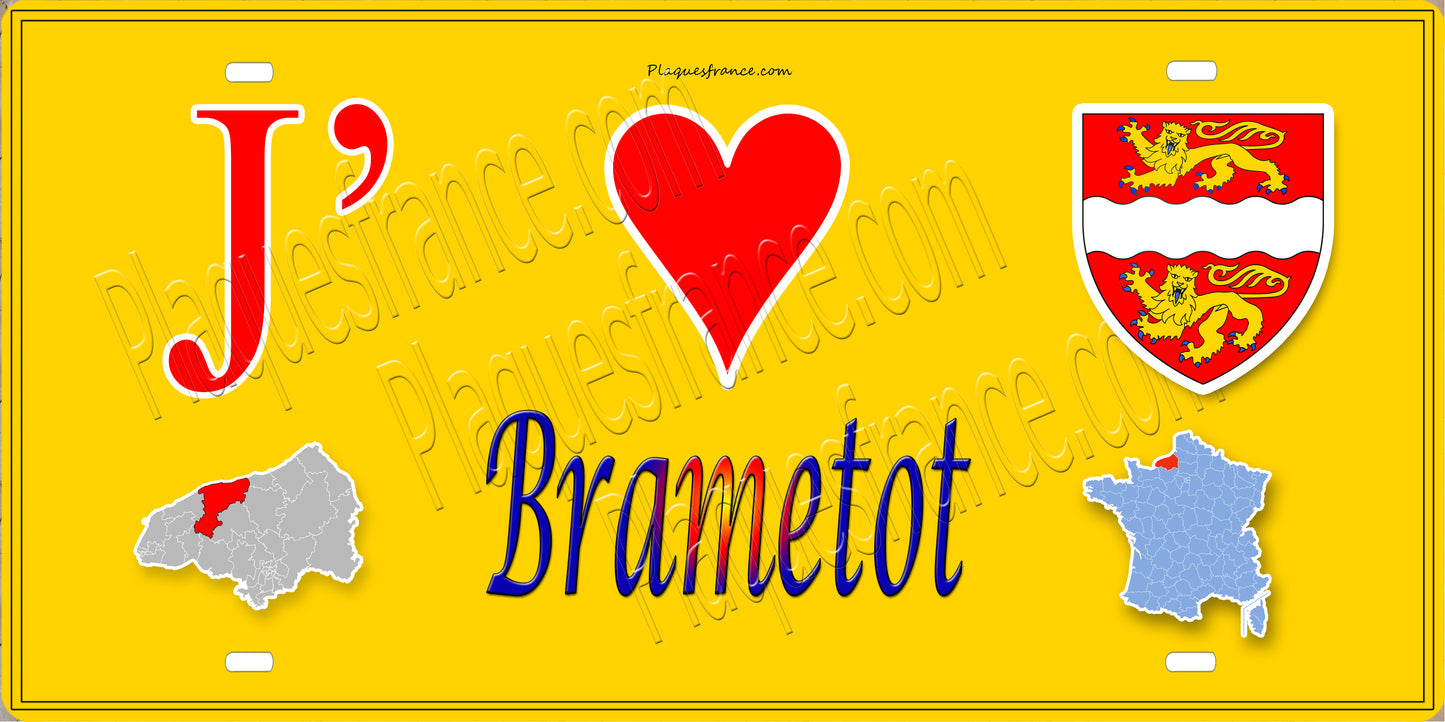 Plaque métal décorative 15X30 J' ❤️ Brametot, Seine Maritime (76) jaune carte