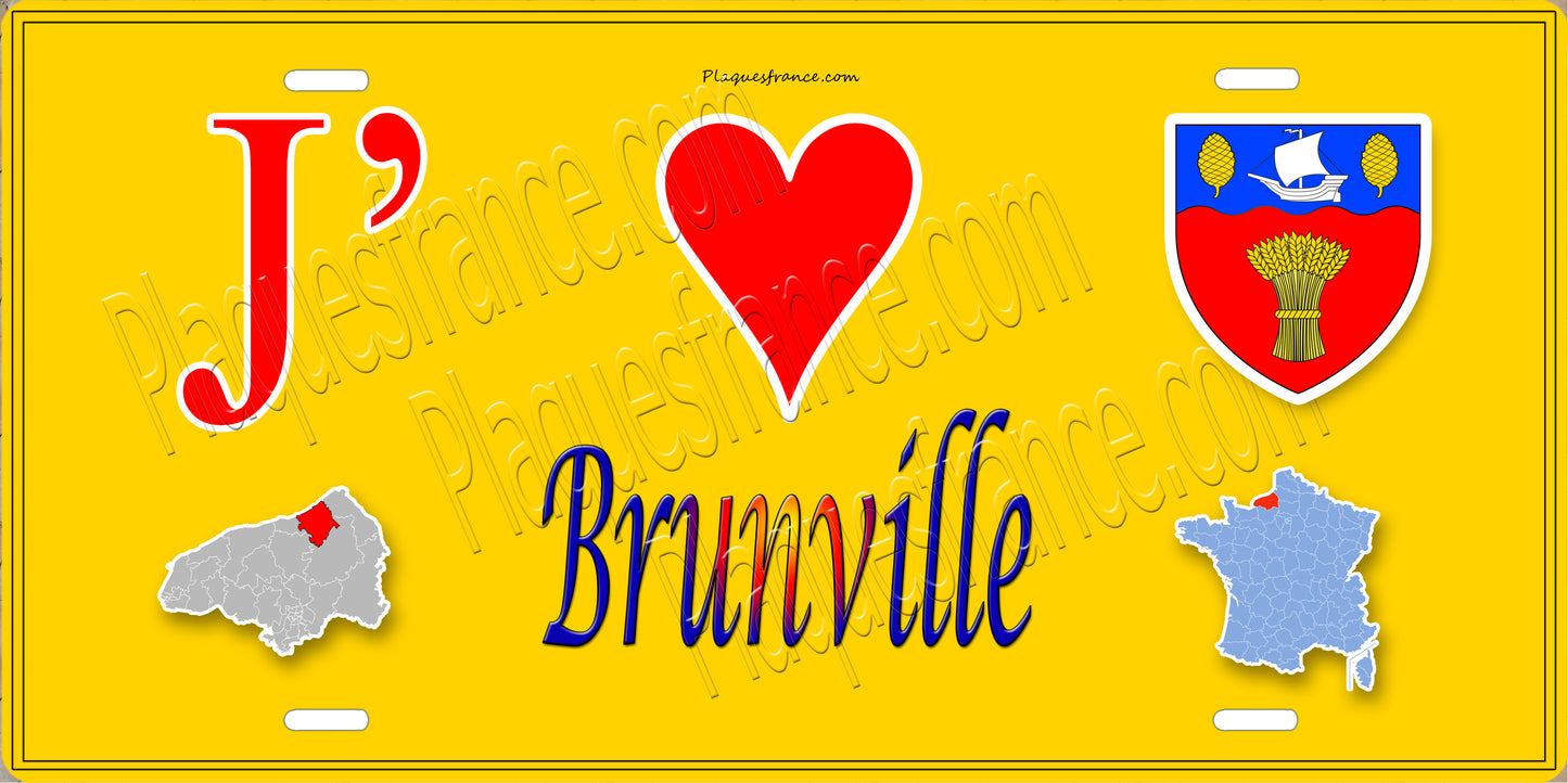 Plaque métal décorative J' ❤️ Brunville, Seine Maritime (76) jaune carte