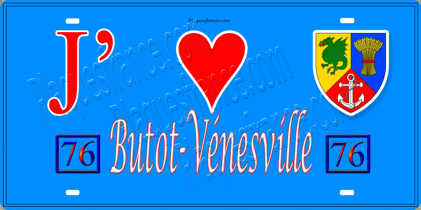 Plaque métal décorative 15X30 J' ❤️ Butot-Vénesville, Seine Maritime (76) bleu