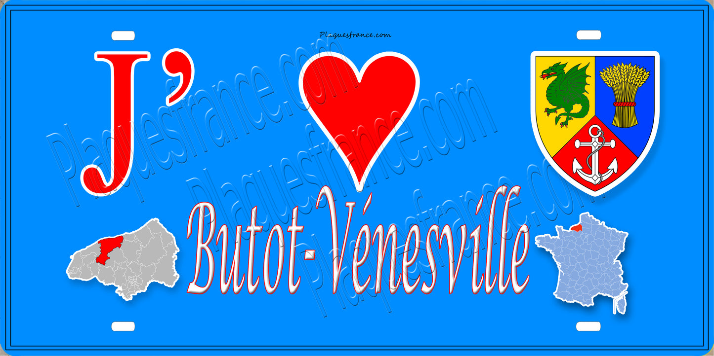 Plaque métal décorative 15X30 J' ❤️ Butot-Vénesville, Seine Maritime (76) bleu carte