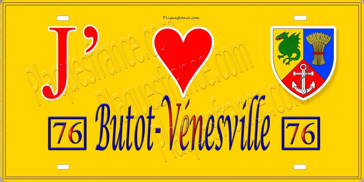 Plaque métal décorative 15X30 J' ❤️ Butot-Vénesville, Seine Maritime (76) jaune