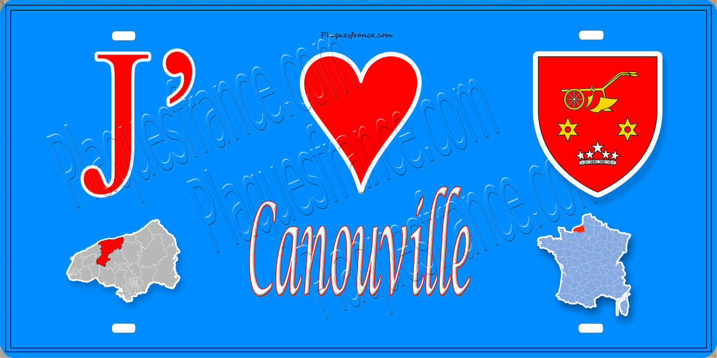 Plaque métal décorative 15X30 J' ❤️ Canouville, Seine Maritime (76) bleu carte