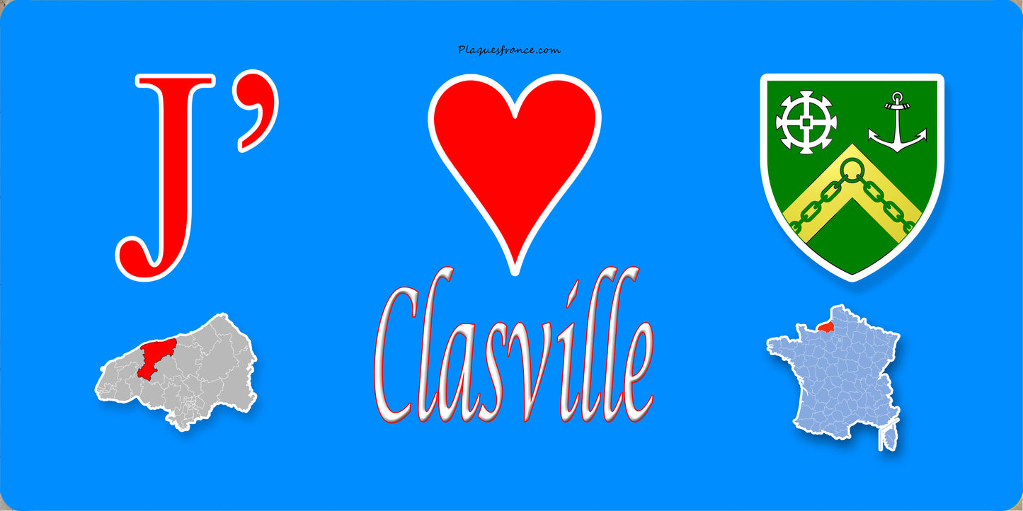 Plaque métal décorative 15X30 J' ❤️ Clasville, Seine Maritime (76) bleu carte