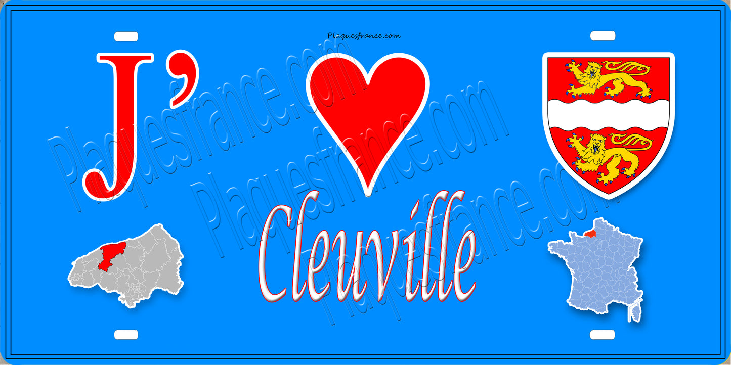 Plaque métal décorative 15X30 J' ❤️ Cléville, Seine Maritime (76) bleu carte