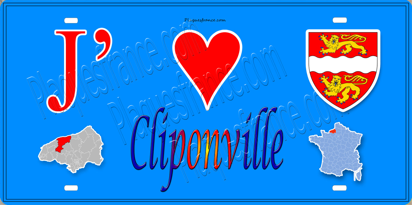 Plaque métal décorative 15X30 J' ❤️ Cliponville, Seine Maritime (76) bleu carte