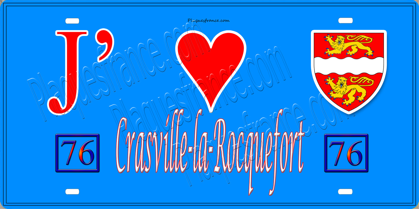 Plaque métal décorative 15X30 J' ❤️ Crasville-la-Rocquefort, Seine Maritime (76) bleu