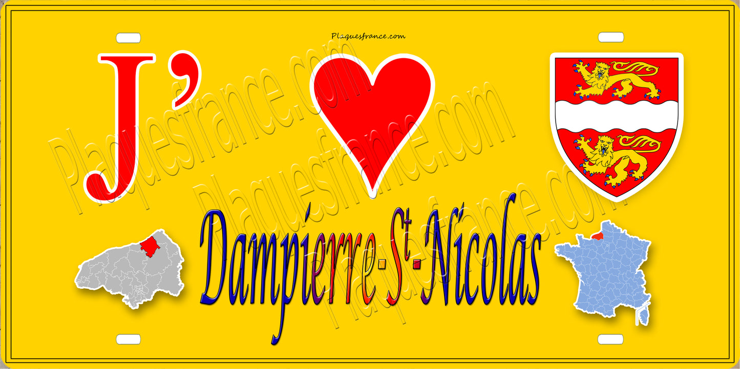 Plaque métal décorative 15x30 J' ❤️ Dampierre-Saint-Nicolas, Seine Maritime (76) jaune carte