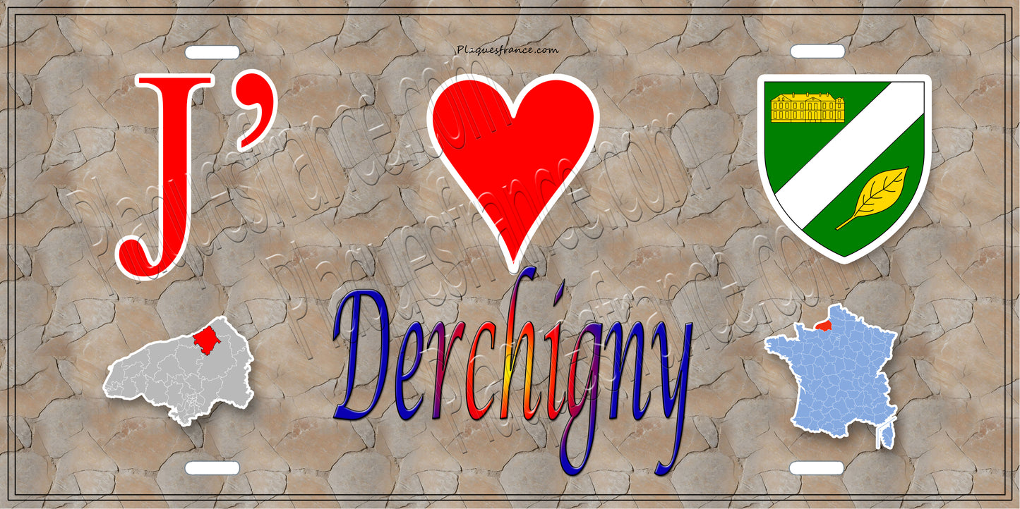 Plaque métal décorative J' ❤️ Derchigny, Seine Maritime (76) antique carte
