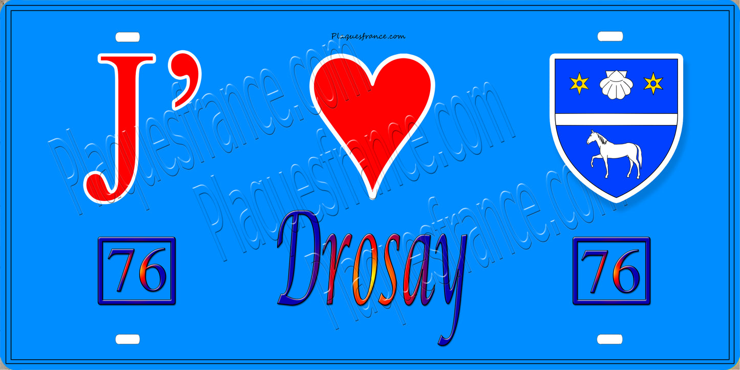 Plaque métal décorative 15X30 J' ❤️ Drosay, Seine Maritime (76) bleu