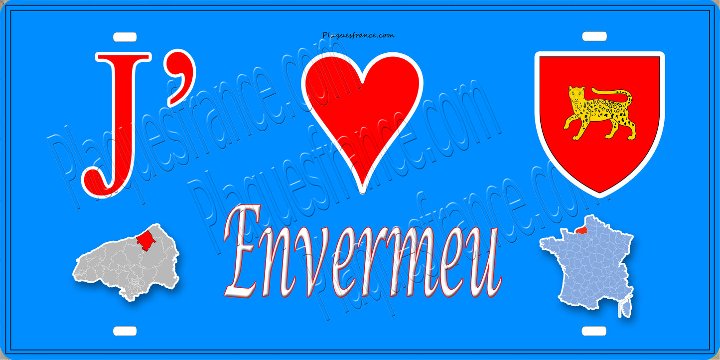 Plaque métal décorative 15x30 J' ❤️ Envermeu, Seine Maritime (76) bleu carte