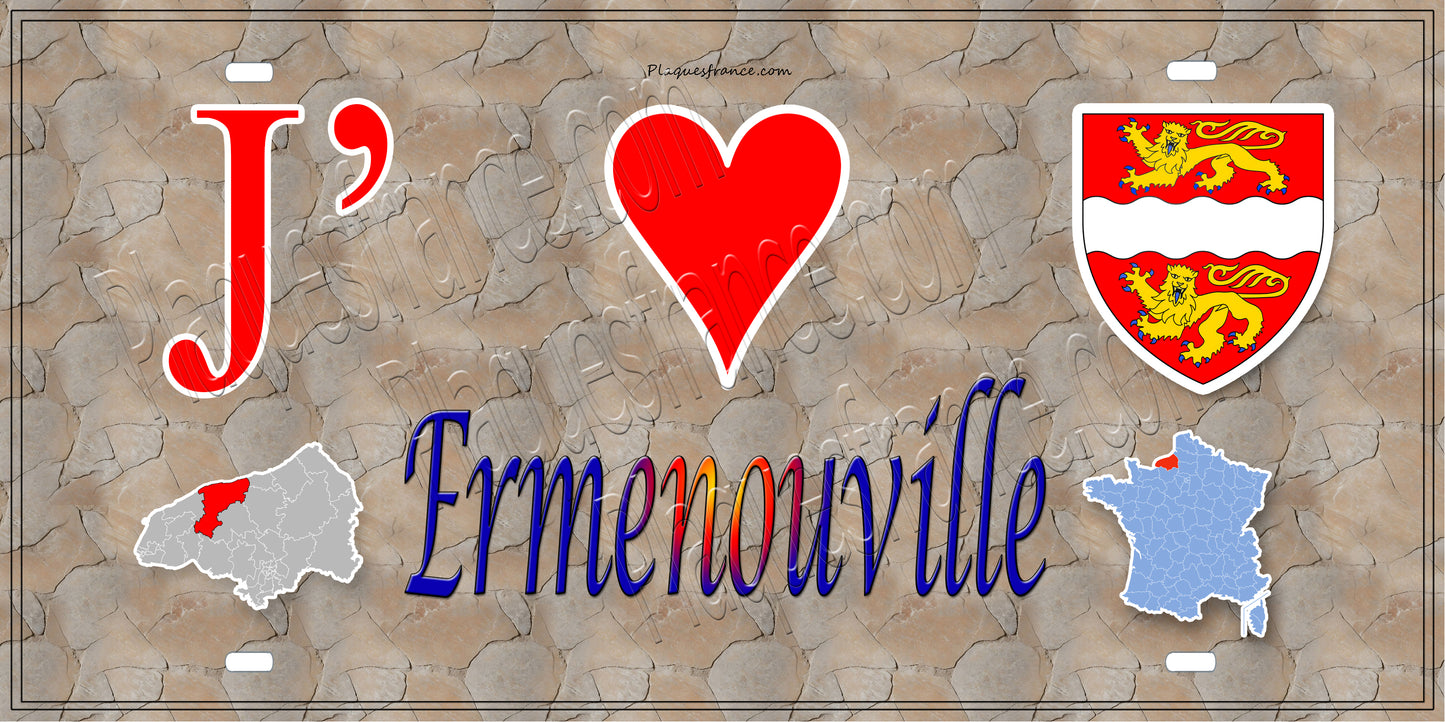 Plaque métal décorative 15X30 J' ❤️ Ermenouville, Seine Maritime (76) antique carte