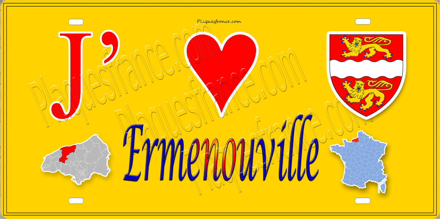 Plaque métal décorative 15X30 J' ❤️ Ermenouville, Seine Maritime (76) jaune carte