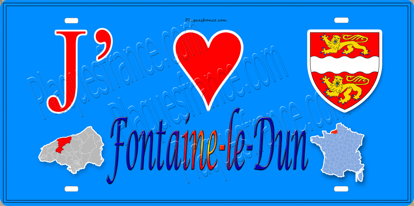 Plaque métal décorative 15X30 J' ❤️ Fontaine-le-Dun, Seine Maritime (76) bleu carte