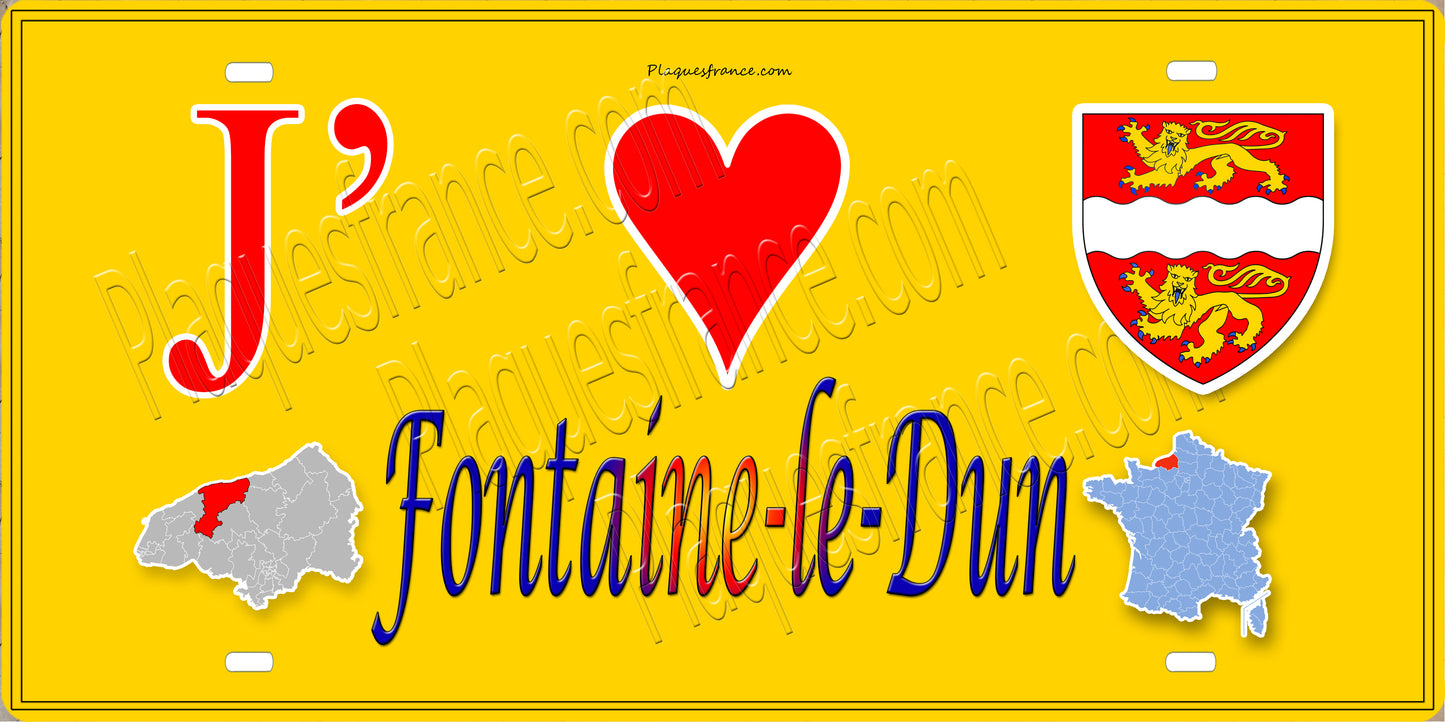 Plaque métal décorative 15X30 J' ❤️ Fontaine-le-Dun, Seine Maritime (76) jaune carte