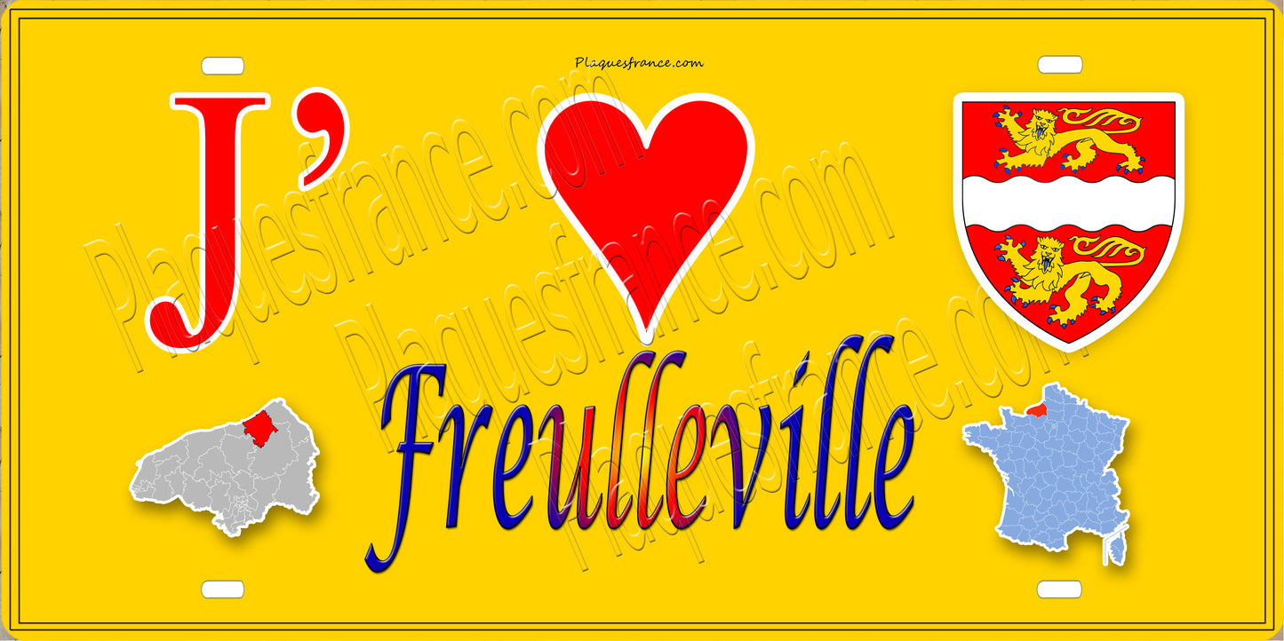 Plaque métal décorative 15x30 J' ❤️ Freulleville, Seine Maritime (76) jaune carte