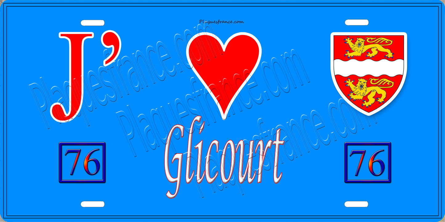 Plaque métal décorative J' ❤️ Glicourt, Seine Maritime (76) bleu