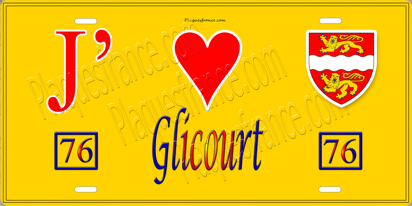 Plaque métal décorative J' ❤️ Glicourt, Seine Maritime (76) jaune