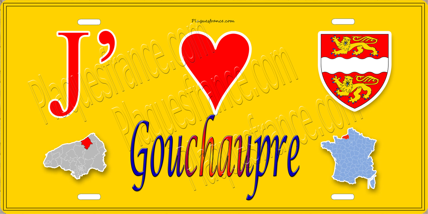 Plaque métal décorative J' ❤️ Gouchaupre, Seine Maritime (76) jaune carte