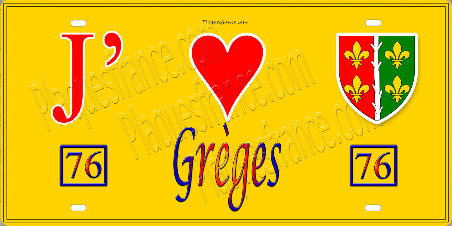 Plaque métal décorative 10x30 J' ❤️ Grèges, Seine Maritime (76) jaune
