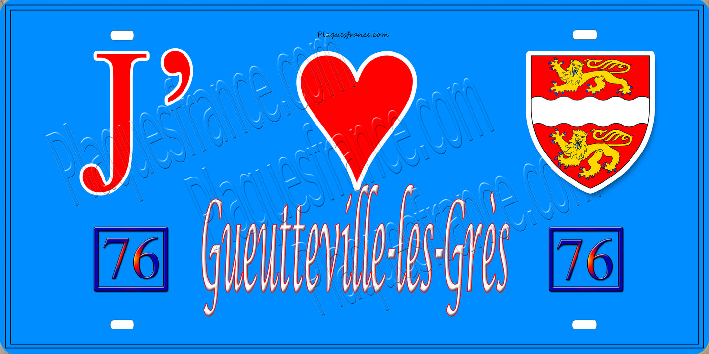 Plaque métal décorative 15X30 J' ❤️ Gueutteville-les-Grès, Seine Maritime (76) bleu
