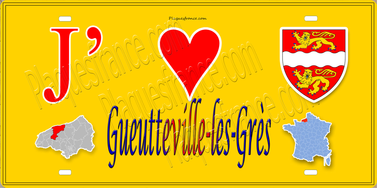 Plaque métal décorative 15X30 J' ❤️ Gueutteville-les-Grès, Seine Maritime (76) jaune carte