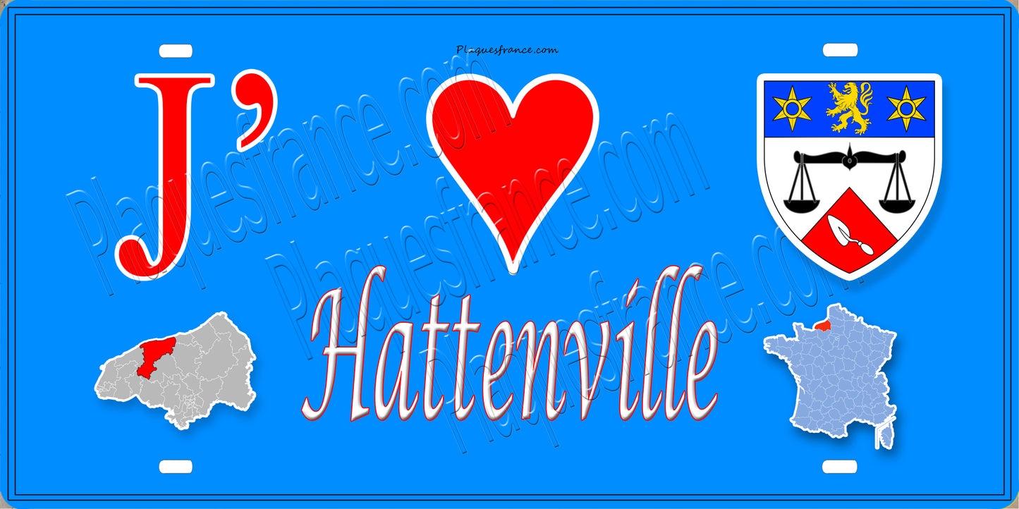 Plaque métal décorative 15X30 J' ❤️ Hattenville, Seine Maritime (76) bleu carte