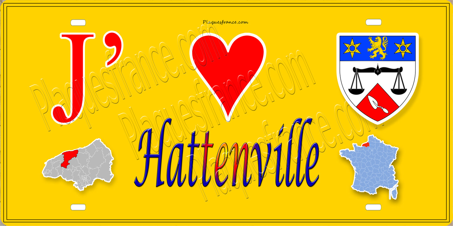 Plaque métal décorative 15X30 J' ❤️ Hattenville, Seine Maritime (76) jaune carte