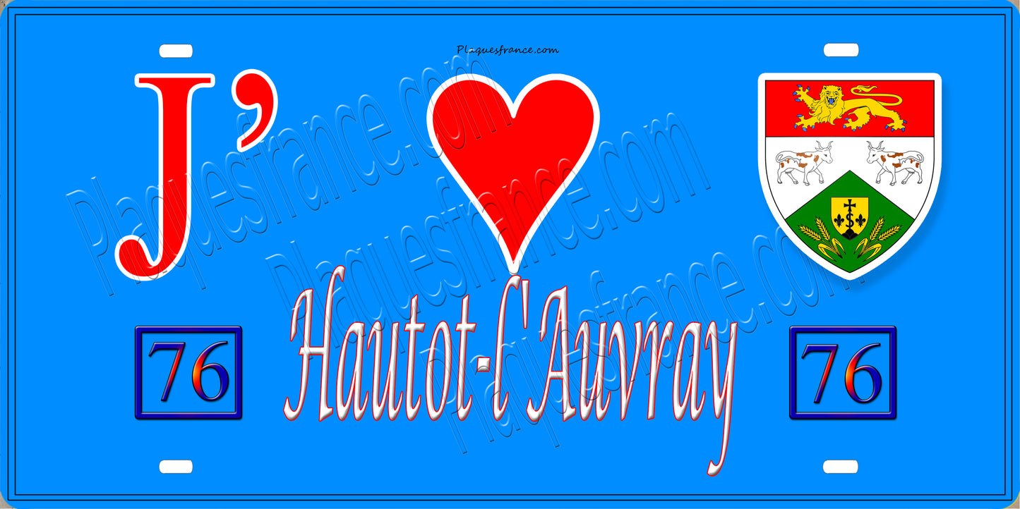 Plaque métal décorative 15X30 J' ❤️ Hautot-l'Auvray, Seine Maritime (76) bleu