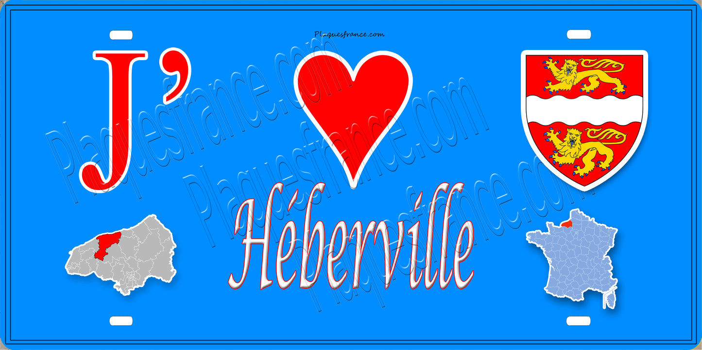 Plaque métal décorative 15X30 J' ❤️ Héberville, Seine Maritime (76) bleu carte