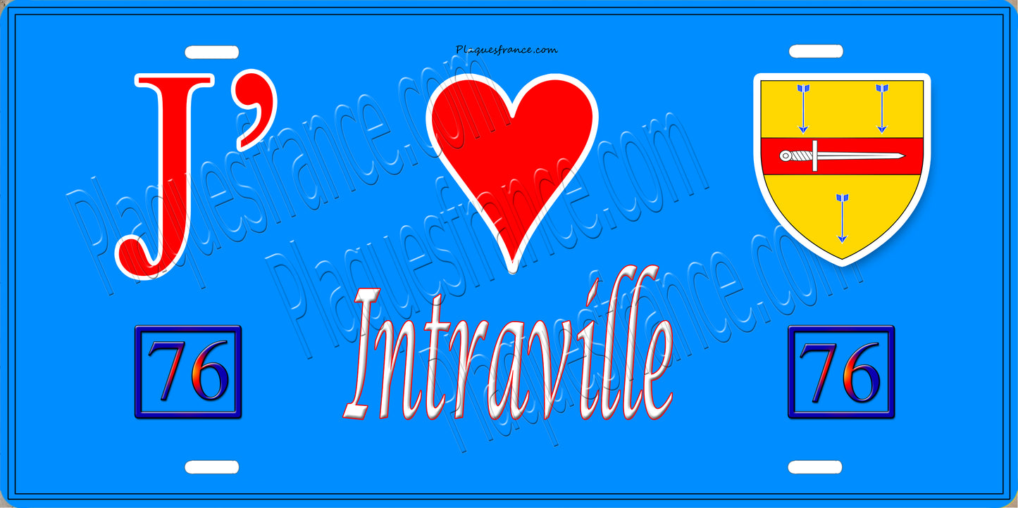 Plaque métal décorative J' ❤️ Intraville, Seine Maritime (76) bleu